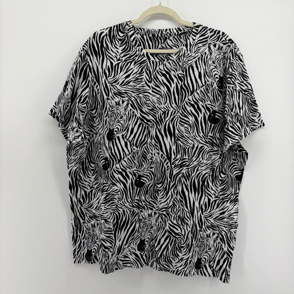 INC Womens XXL Black White Zebra Print Cotton Graphic T-Shirt Tee Short Sleeve
